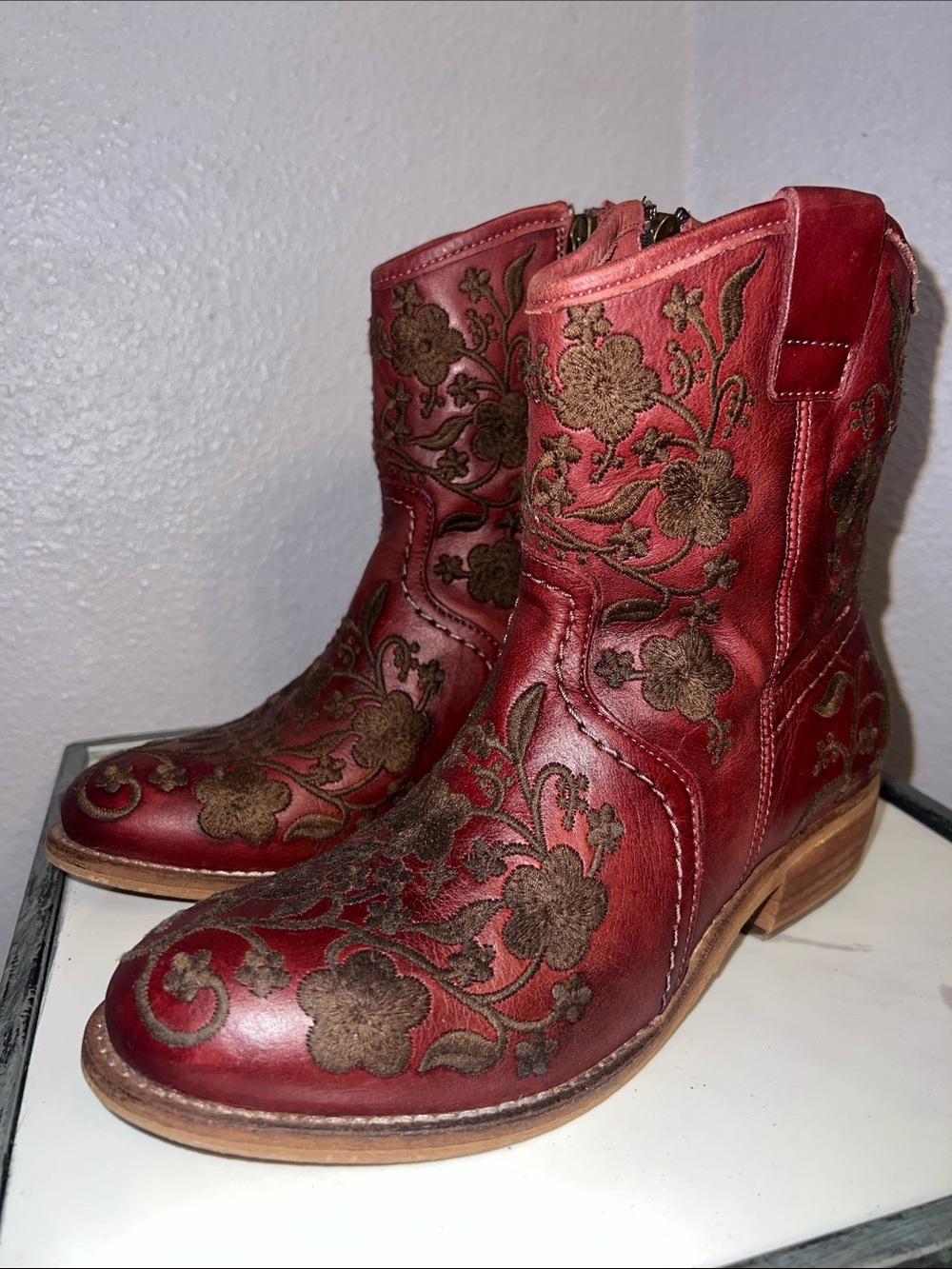 Taos Bootie Red Leather Embroidered Ankle Boots